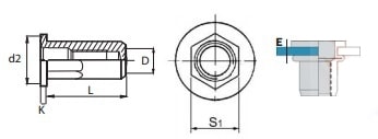 Заклепка-гайка BRALO глухая шестигранная на 1/2 длины, с цилиндрическим бортиком