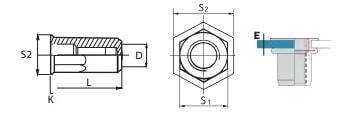 Заклепка-гайка BRALO глухая шестигранная на 1/2 длины, с уменьшенным потайным бортиком